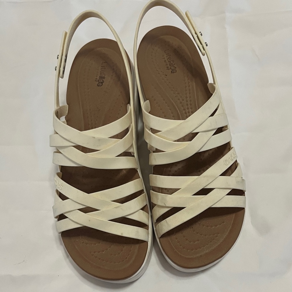 CROCS White / Cream Sandals with Criss-Cross Straps and Cushioned Footbed